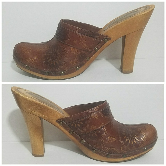 BCBGirls brown leather open back clog mules heels - Picture 2 of 8